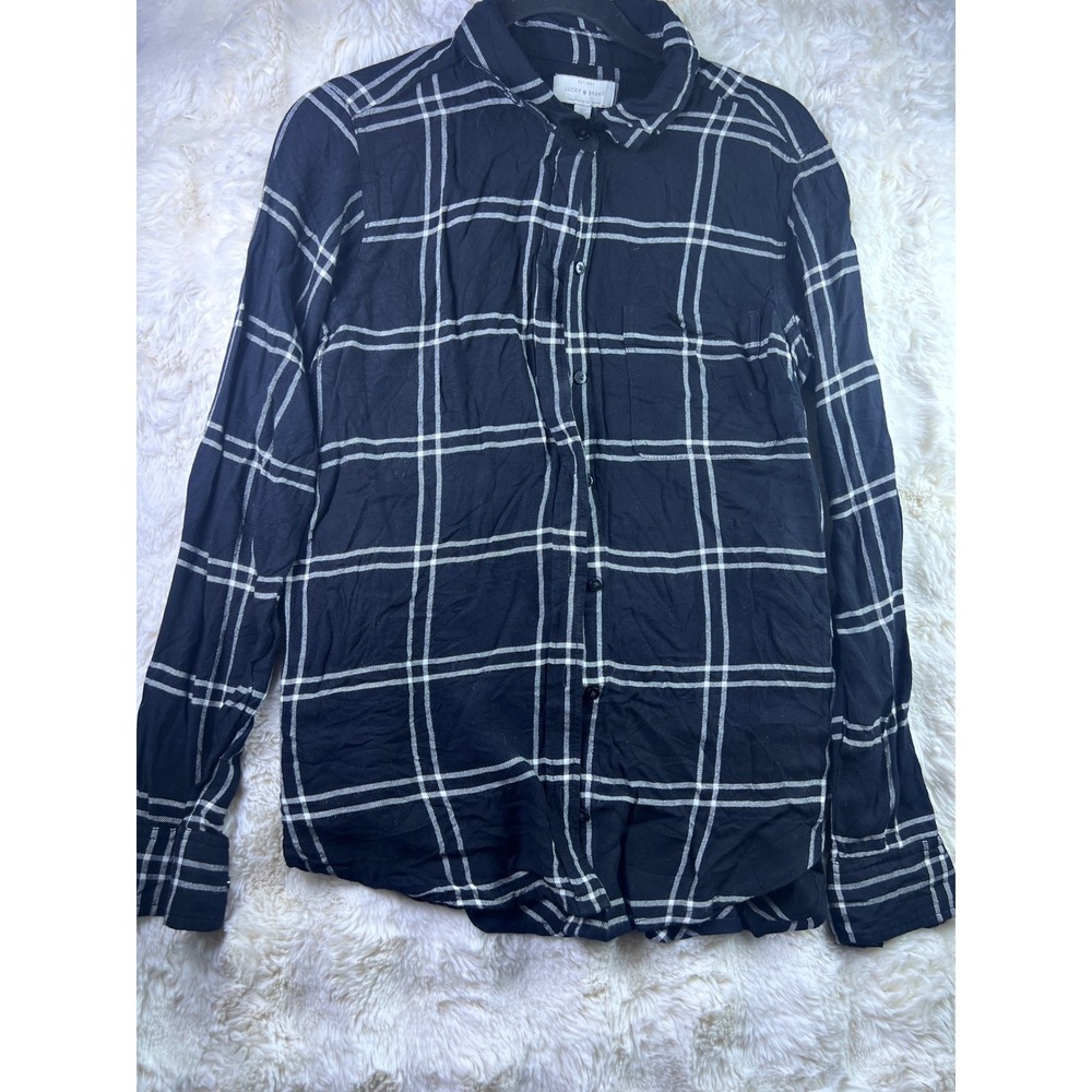 Lucky Brand Navy Blue White Windowpane Plaid Button Down Shirt Size S. A29